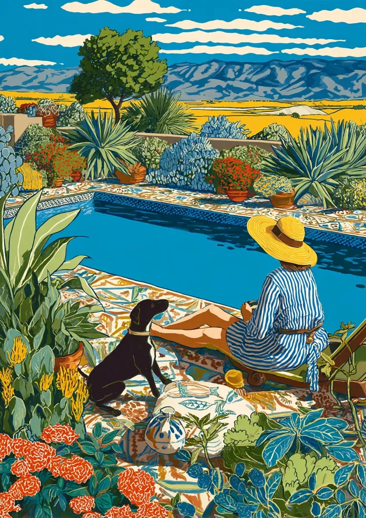 A vibrant illustration depicts a woman relaxing on a lounge chair by a pool, her black dog at her side.  The pool is surrounded by lush, colorful plants and a tiled patio.  In the background, a sun-drenched landscape stretches towards distant mountains under a bright blue sky. The scene is filled with bold colors and rich detail, suggesting a serene and idyllic setting.