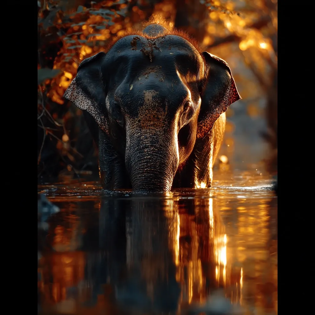 A majestic Asian elephant stands in a calm, shallow body of water, its reflection mirrored perfectly on the golden-hued surface.  The setting sun casts a warm, orange glow on the scene, highlighting the elephant's textured skin and the surrounding foliage.  The image evokes a sense of serenity and the beauty of nature.