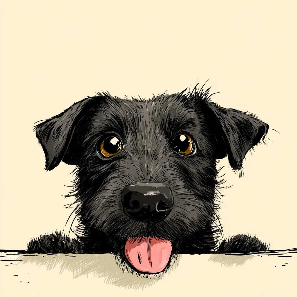 A charming illustration of a black dog peeking over a surface.  Its large, expressive eyes and pink tongue sticking out convey a playful and curious personality. The dog's dark fur is detailed with shading, adding depth to the artwork.  The background is a simple, pale beige, focusing attention on the adorable canine subject.