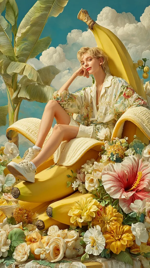 A young woman with blonde hair sits on a giant banana, which serves as a throne.  She wears a floral-print dress and beige shoes. The scene is a surreal juxtaposition of a woman in elegant attire amidst a vibrant arrangement of large, ripe bananas and lush tropical flowers, set against a bright blue sky with fluffy clouds.  The overall style is whimsical and dreamlike.