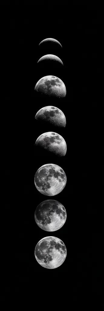 A vertical sequence of grayscale images shows the moon in various phases, from a sliver of a crescent to a full moon.  The phases are arranged vertically against a completely black background, highlighting the changing lunar illumination over time.  The craters and surface details are visible on each moon phase.