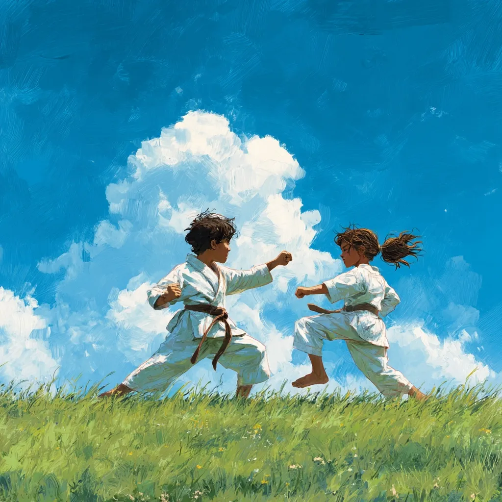 Two children, a boy and a girl, wearing white karate gis and brown belts, spar playfully against a vibrant blue sky dotted with fluffy white clouds.  They are mid-action, showcasing dynamic stances and poised movements in a grassy field. The scene evokes a sense of youthful energy and freedom.