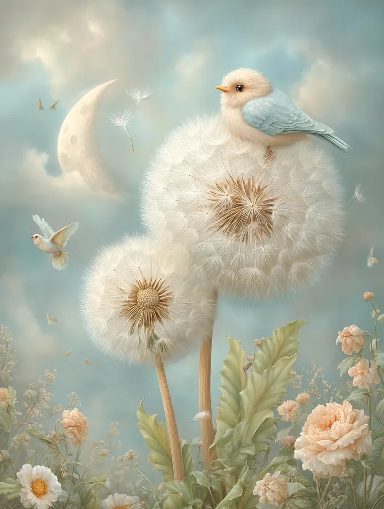 A whimsical painting depicts a pale blue bird perched atop a large dandelion clock, with another smaller dandelion and a tiny bird in flight.  A crescent moon hangs in a soft, pastel sky above a field of delicate flowers.  The overall style is dreamy and ethereal, emphasizing soft colors and gentle forms.  The scene evokes a sense of peace and tranquility.