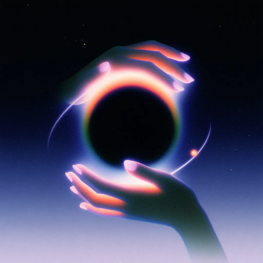 Two hands gently cradle a dark orb, radiating a vibrant, neon glow against a deep space backdrop.  The orb is encircled by a luminous ring, suggesting a celestial body or black hole.  The image evokes a sense of mystery and cosmic power, a delicate balance between darkness and light. The overall aesthetic is stylized and dreamlike.