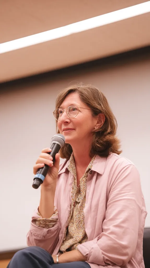 A middle-aged woman with glasses holds a microphone, gazing upward.  She's wearing a pale pink, loose-fitting shirt over a floral blouse. Her expression is thoughtful and attentive, suggesting she's speaking or about to speak at an event. The background is a muted beige with a large screen, indicative of a presentation or lecture setting.
