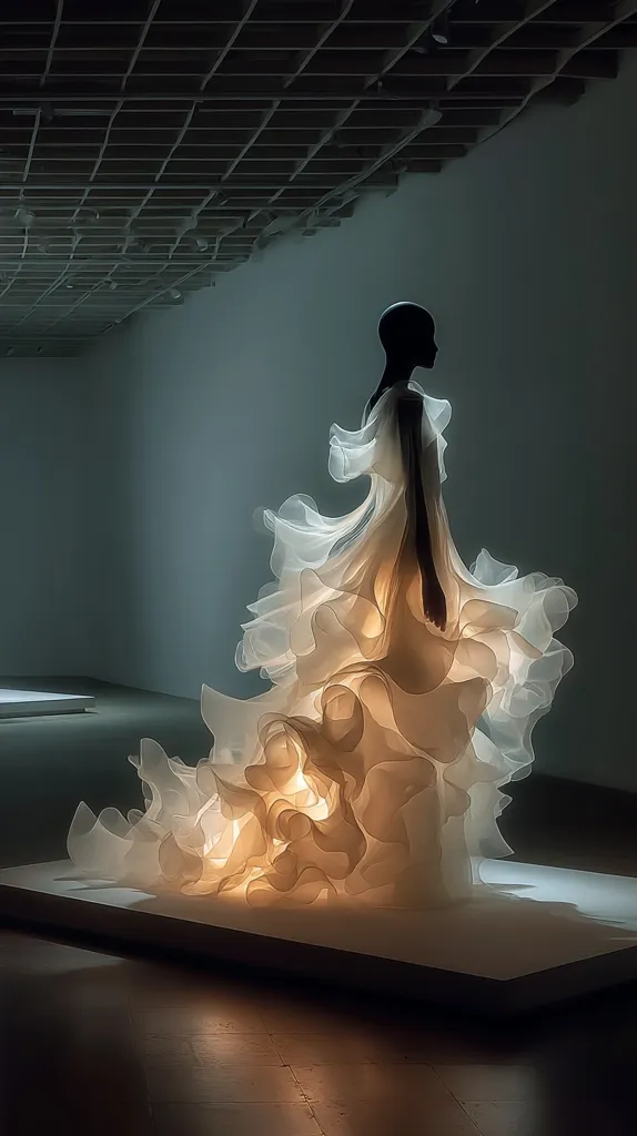 A mannequin displays a dramatic, light-catching gown.  The dress is composed of layers of sheer fabric, creating a voluminous, almost cloud-like effect.  Illuminated from within, the gown's texture and form are emphasized against the minimalist backdrop of a modern gallery space. The overall effect is one of ethereal elegance and sculpted light.