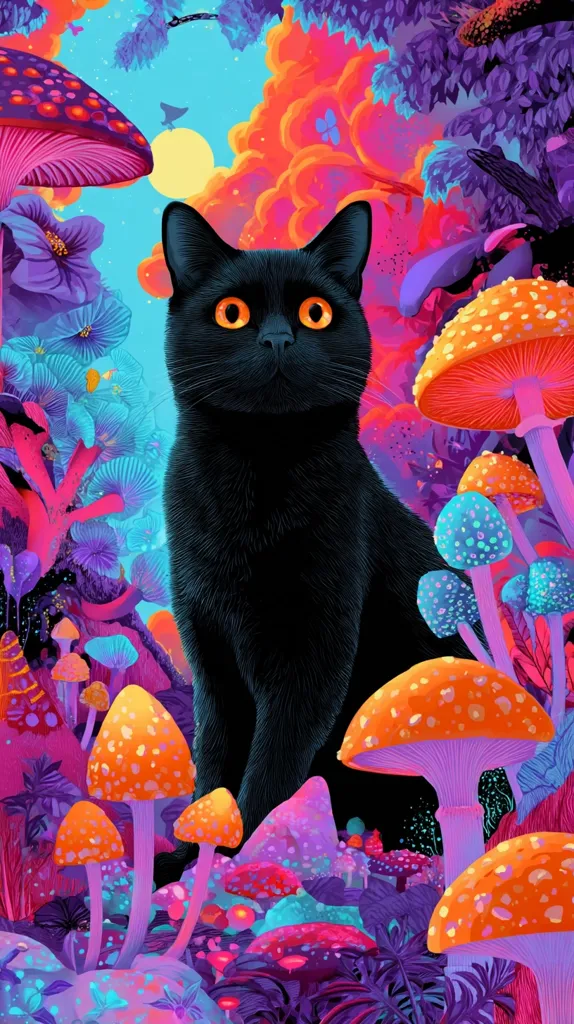 A black cat with striking orange eyes sits serenely amidst a vibrant, surreal landscape.  Psychedelic mushrooms in various bright colors and fantastical flora surround the cat, creating a whimsical, almost dreamlike atmosphere. The background features swirling nebulous clouds of pink and orange, enhancing the otherworldly ambiance. The overall style is digitally painted, with highly saturated colors and detailed textures.
