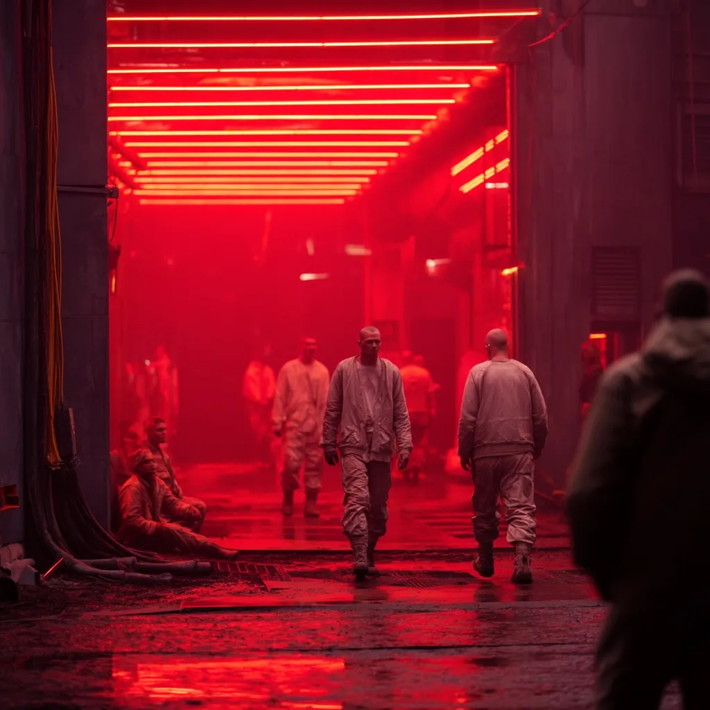 A dimly lit, red-hued alleyway, bathed in the glow of overhead neon lights, features several figures in light beige jumpsuits walking. The atmosphere is bleak and industrial.  Two individuals stand out in the foreground, while others are blurred in the background.  The overall scene evokes a sense of dystopia or a futuristic, possibly post-apocalyptic setting. A figure in dark clothing is partially visible in the lower right corner.