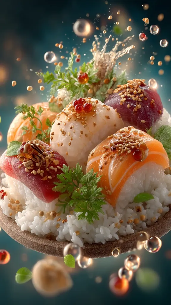 A vibrant sushi bowl, suspended mid-air, showcases assorted fish on rice.  Salmon, tuna, and other fish pieces are artfully arranged, topped with sesame seeds and garnished with fresh herbs.  A splash of liquid adds dynamism, creating a visually stunning and appetizing image. The background is a dark teal, contrasting beautifully with the bright colors of the food.