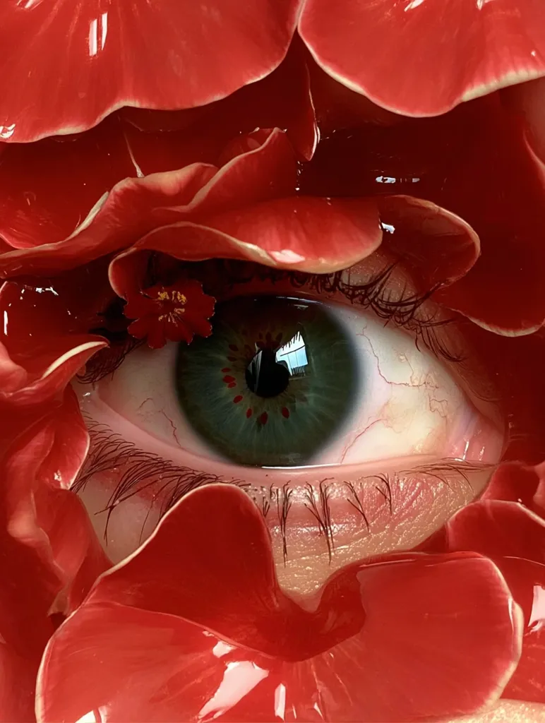A close-up reveals a human eye partially obscured by vibrant, glossy red petals.  The petals, possibly from a flower, appear wet or lacquered, creating a striking contrast with the eye's natural textures.  A smaller red flower is nestled near the eye's inner corner, adding to the surreal and visually arresting composition. The image is rich in color and texture.