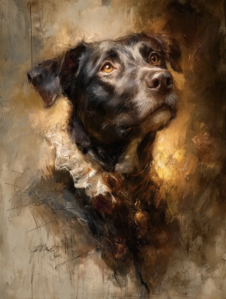 A painterly portrait of a black dog, possibly a Labrador Retriever mix, is depicted. The dog gazes upward, its expressive eyes capturing attention.  The style is reminiscent of classical oil painting, with loose brushstrokes creating a textured effect. The dog wears a ruff-like collar, adding to the regal and somewhat melancholic mood of the piece.  Warm earth tones dominate the background, complementing the dog's dark coat.