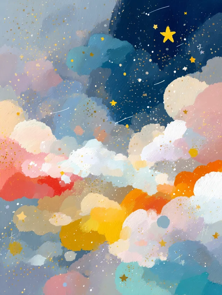 A dreamy, abstract painting depicts a vibrant night sky filled with colorful clouds.  Pastel hues of pink, orange, yellow, and blue blend seamlessly, creating a soft, ethereal atmosphere.  Small, golden stars are scattered throughout, adding a touch of magic to the whimsical scene. The style is reminiscent of impressionistic painting, with visible brushstrokes contributing to the texture and depth.