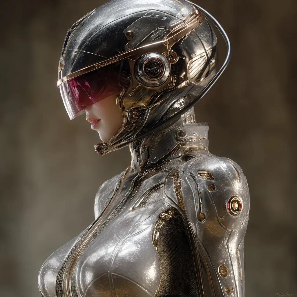 A striking digital rendering showcases a female cyborg, her profile presented in a three-quarter view.  She's clad in a sleek, metallic suit, predominantly silver with gold accents, suggesting a futuristic or sci-fi aesthetic. The suit is intricately detailed, showing a blend of smooth surfaces and mechanical components.  A helmet with a tinted visor completes the ensemble. The overall image is high-resolution and displays a sophisticated level of detail.