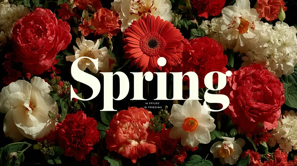 A vibrant image depicting the word "Spring" in bold, white lettering, superimposed on a lush arrangement of red and white flowers.  The floral display includes peonies, carnations, gerbera daisies, and daffodils, creating a rich tapestry of spring blooms.  A small inscription below "Spring" reads "In Fruee, In Frieding".
