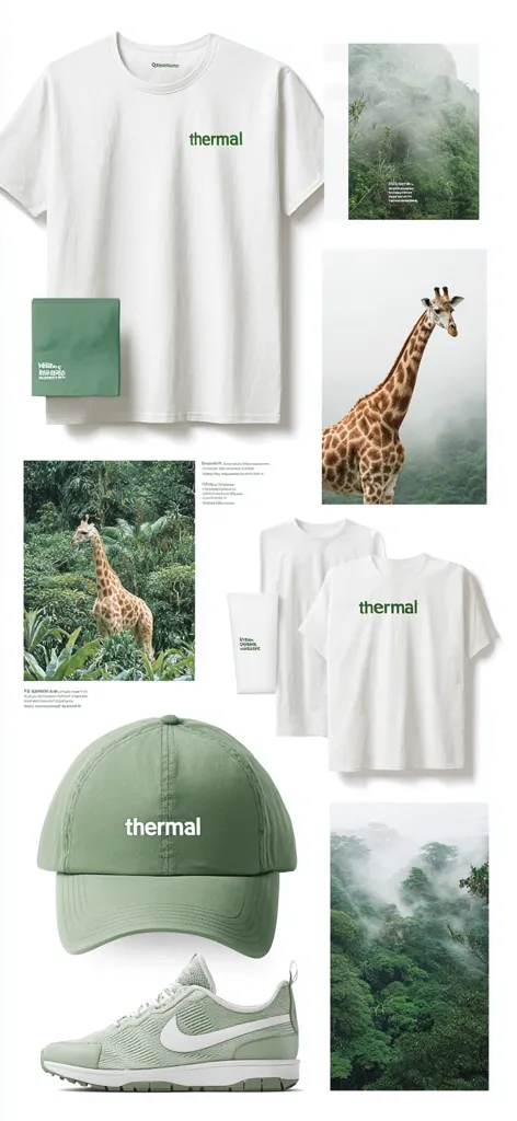 A minimalist, sage-green themed lifestyle flatlay showcases clothing and accessories.  Featured are two white t-shirts with "thermal" embroidered in green, a matching baseball cap, and sage-green Nike sneakers.  Accompanying images depict misty rainforests and giraffes, creating a serene and nature-inspired aesthetic.  A tissue box and a tube complete the arrangement.