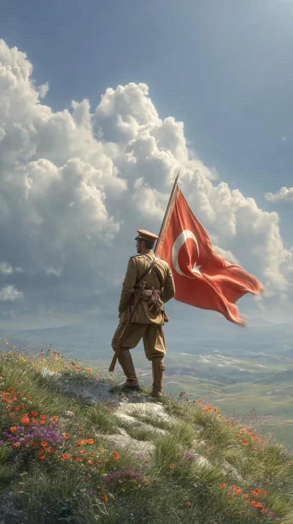 A lone soldier, clad in a khaki uniform, stands on a hilltop overlooking a verdant valley.  He holds a Turkish flag aloft, its crimson color a stark contrast against the bright sky and the wildflowers carpeting the hillside. The scene evokes a sense of victory or perhaps solemn reflection, a powerful image of patriotism and resilience.  Fluffy clouds fill a large portion of the sky.
