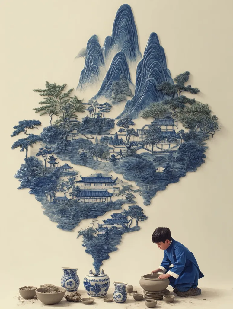 A young child in a blue tunic kneels, shaping clay pottery.  Above them, a large, intricately detailed blue and white ceramic relief depicts a fantastical Chinese landscape of mountains, trees, and houses, seemingly emanating from the clay. The scene contrasts the creation of pottery with the artistry of the finished product, suggesting a connection between traditional craftsmanship and artistic inspiration.