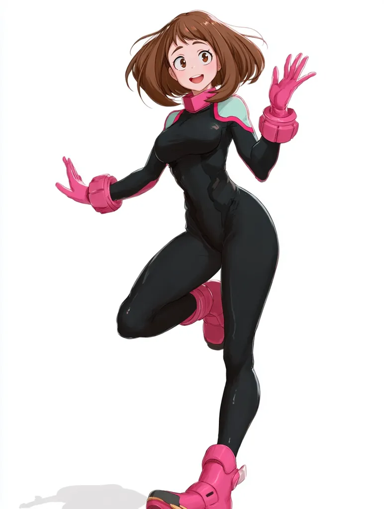 A stylized anime-style female character, possibly a superheroine, is depicted in a dynamic pose. She has shoulder-length brown hair, and is wearing a black form-fitting bodysuit with pink accents on her gloves and boots.  Her expression is cheerful and welcoming, with one arm raised in a friendly gesture. The overall style is clean and vibrant, with a focus on bold lines and bright colors.