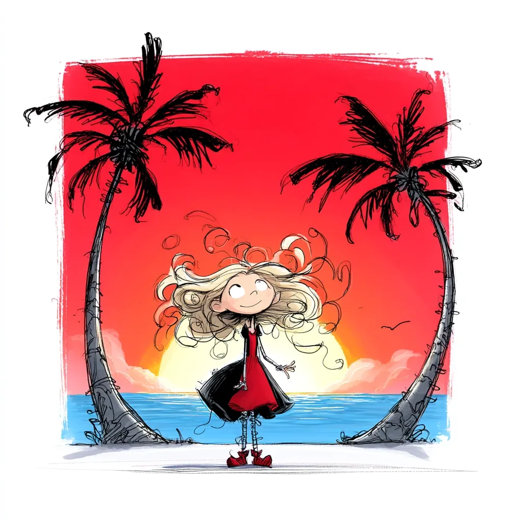 A whimsical illustration depicts a girl with blonde, curly hair, wearing a red dress and red shoes, standing between two palm trees on a beach at sunset. The vibrant red sky contrasts with the calm blue ocean. The girl's joyful expression and windswept hair suggest a feeling of freedom and happiness. The style is loose and expressive, with sketchy lines and bold colors.