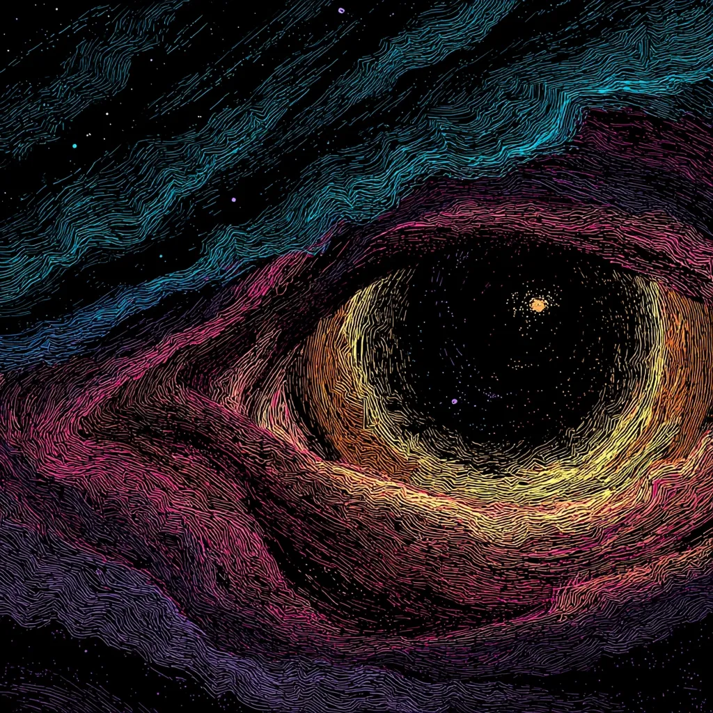 A stylized illustration resembling a cosmic eye.  Swirling nebulae in vibrant hues of purple, pink, teal, and gold radiate outwards from a central, dark core.  The lines create a textured effect, suggesting depth and movement within the celestial scene.  Scattered stars add to the overall otherworldly atmosphere. The piece evokes a sense of mystery and the vastness of space.