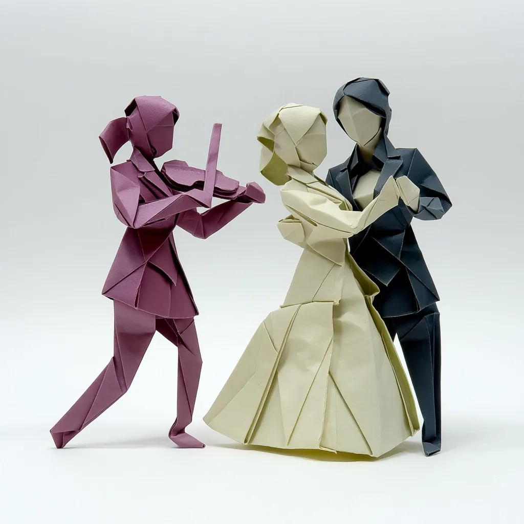 A charming trio of origami figures: a violinist in maroon plays for a elegantly dressed couple, a bride in off-white and a groom in dark gray, gracefully waltzing.  The intricate folds and lifelike poses showcase the artist's skill.  The scene suggests a wedding or romantic celebration, captured in a miniature, paper world.