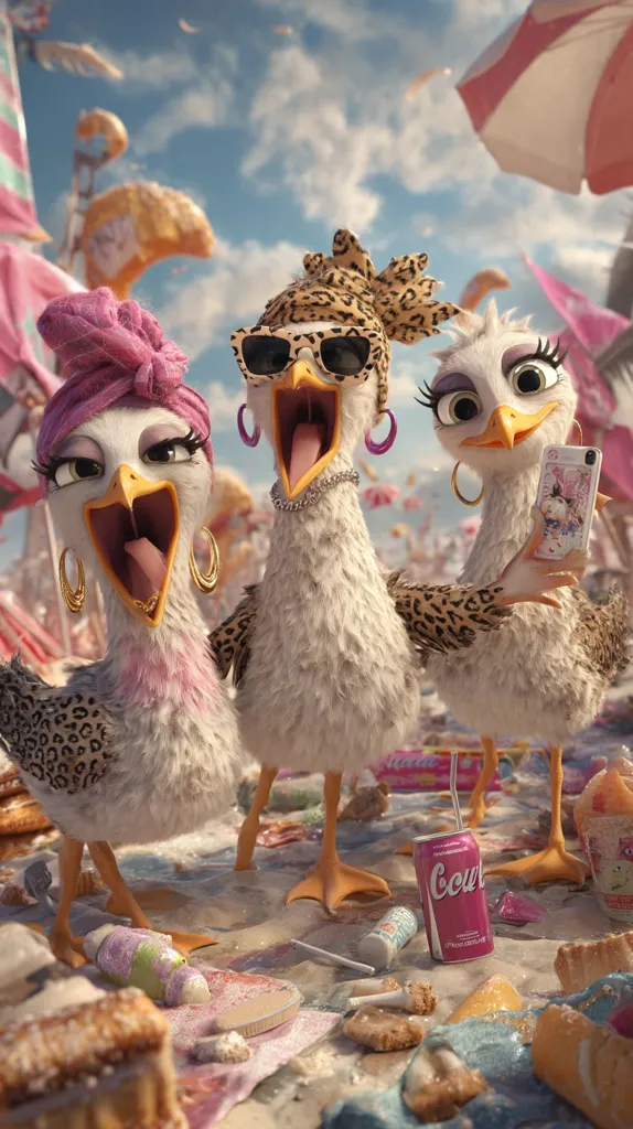 Three stylish seagulls, adorned in head scarves and sunglasses, enjoy a beach day.  The central gull holds a leopard print scarf, while the others wear pink.  They are surrounded by beach litter including candy wrappers, a Coca-Cola can, and pastries, creating a vibrant, albeit messy, scene.  One gull takes a selfie with a pink phone.  The overall mood is playful and fashionable.
