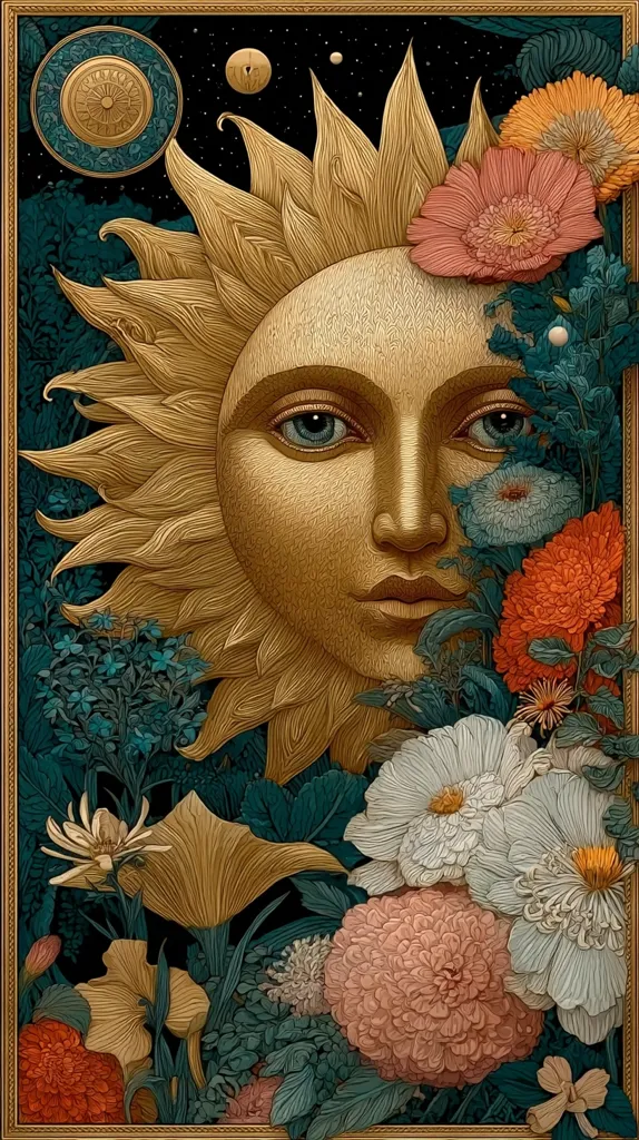 A sun with a woman's face is depicted in a gold hue, surrounded by richly detailed, dark teal foliage and an array of colorful flowers in varying shades of orange, pink, and white.  The image is framed in gold, with celestial bodies visible in the dark background, creating a mystical, artistic blend of nature and the cosmos. The style is reminiscent of botanical illustration and Art Nouveau.