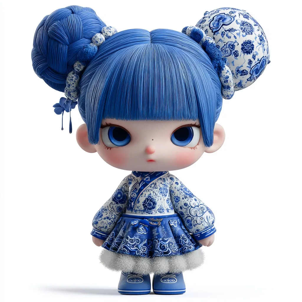 A charming 3D-rendered doll, adorned in a blue and white porcelain-inspired outfit, stands against a white backdrop.  Her vibrant blue hair is styled in high buns, accented with floral detailing.  The doll's large eyes and petite features contribute to an overall cute and expressive demeanor.  The dress, reminiscent of traditional Chinese clothing, features intricate patterns.  The overall aesthetic blends modern 3D design with classic Chinese artistry.