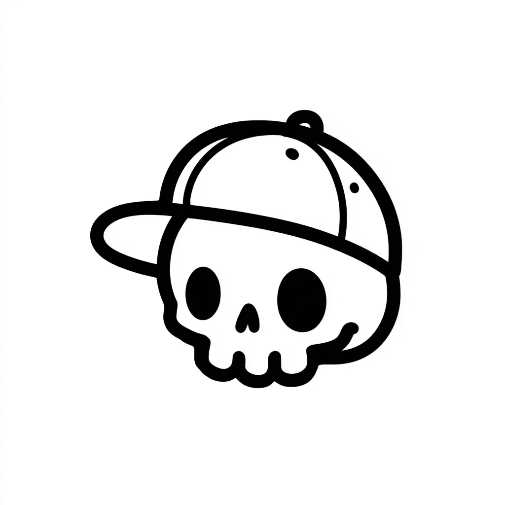 A cartoon skull wears a baseball cap.  The skull is simplified with large, round eye sockets and a small nose and mouth. The cap is a classic style with a curved brim. The image is in black and white, with bold outlines, suggesting a playful or edgy design.  The style is reminiscent of graphic design or sticker art.