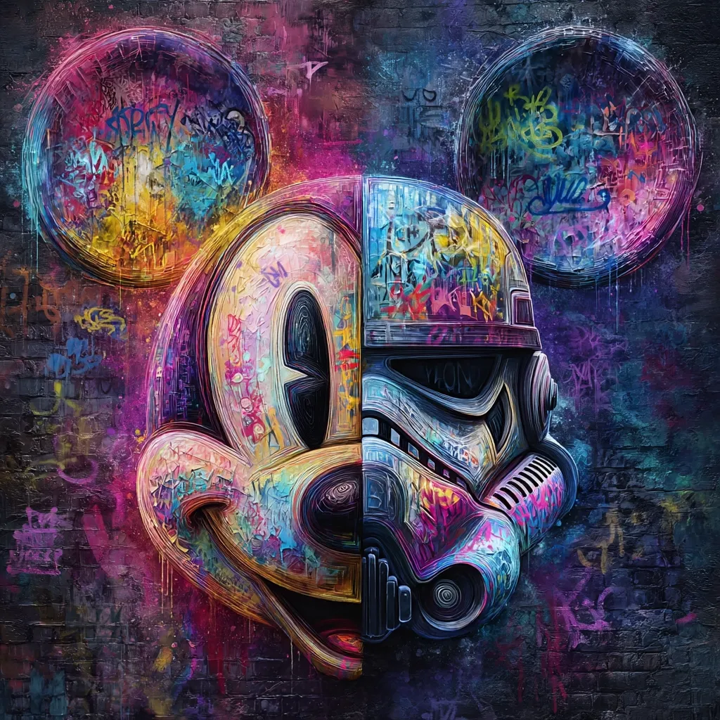 A vibrant, graffiti-style artwork depicts a split-face image. One half is Mickey Mouse's iconic face, rendered in colorful, expressive strokes. The other half is a Stormtrooper helmet from Star Wars, equally detailed and painted with a similar chaotic energy.  The background is a dark, textured brick wall, adding to the urban, street art aesthetic. The contrast between the playful Mickey Mouse and the imposing Stormtrooper creates a striking visual juxtaposition.