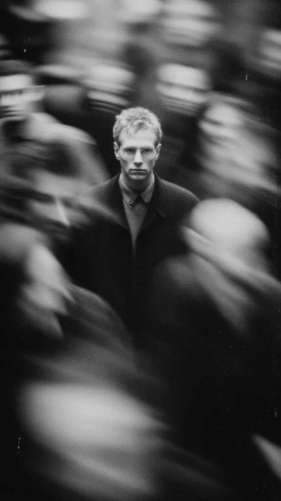 A black and white photograph depicts a man with glasses standing in the center.  He's dressed in a dark coat and appears serious. The background is a blur of motion, suggesting a busy crowd moving around him.  The contrast between the sharp focus on the man and the blurred background isolates him, creating a sense of detachment and anonymity within a bustling environment.