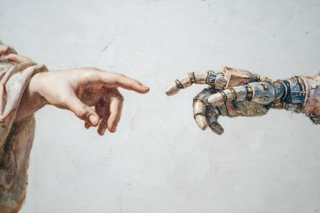 A painting reimagines Michelangelo's "Creation of Adam."  A human hand, rendered in classical style, reaches towards a mechanical hand, intricately detailed with gears and metallic elements. The light grey background emphasizes the contrast between organic and artificial forms, suggesting a meeting of human creation and technological advancement.  The style is painterly, with visible brushstrokes adding texture and depth.
