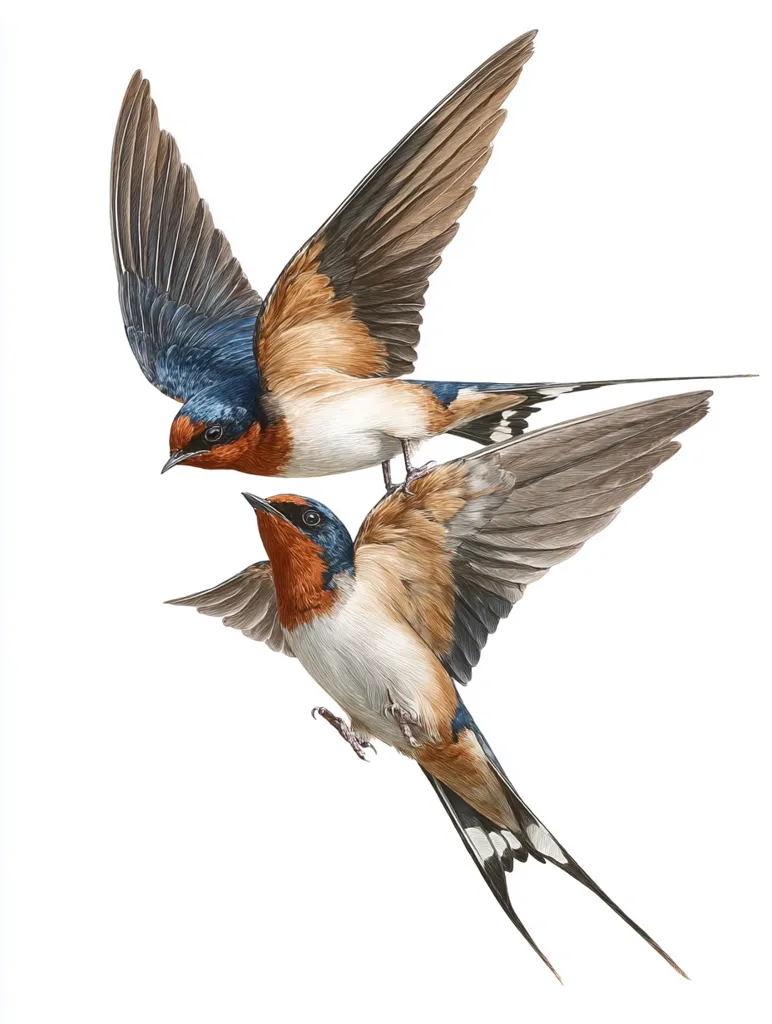 A detailed illustration showcases two barn swallows in mid-flight against a stark white backdrop.  One swallow is positioned slightly above and behind the other, their wings outstretched, showcasing intricate feather detail and vibrant colors. The birds' rusty-brown backs, white breasts, and distinctive blue-black heads are clearly depicted.  The overall impression is one of dynamic movement and natural beauty.