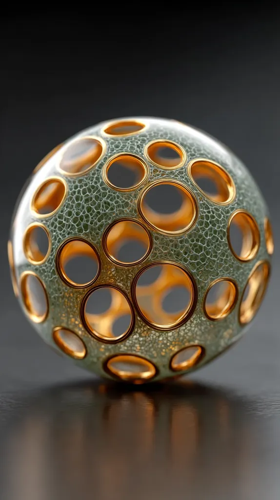 A sphere, seemingly crafted from glass or resin, features a textured, pale green surface.  Numerous circular openings, rimmed in gold, are evenly distributed across its surface, creating a complex, intricate pattern. The sphere rests on a dark, reflective surface, highlighting its three-dimensional form and the metallic sheen of the gold accents.  The overall effect is one of sophisticated elegance and intriguing design.