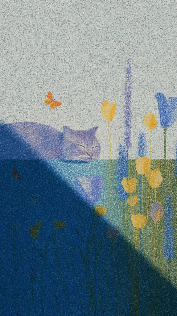 A serene illustration depicts a grey cat napping peacefully amidst a vibrant garden.  Pastel-colored flowers, including yellow tulips and purple blossoms, bloom around the cat.  A small orange butterfly flits nearby.  A shadow cast diagonally across the lower half of the image adds depth and contrast to the dreamy, almost surreal scene. The overall style is soft and whimsical.