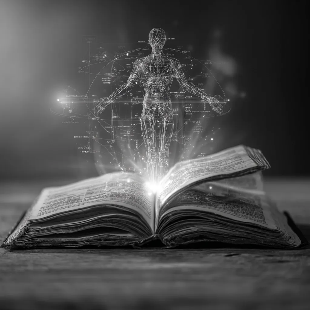 A grayscale image depicts an open antique book from which a luminous, wireframe human figure ascends.  The figure is overlaid with intricate, glowing lines resembling anatomical diagrams and data streams.  The scene evokes a mystical sense of knowledge and the unveiling of hidden truths, possibly suggesting the power of ancient texts or the mysteries of the human body.  The overall mood is one of wonder and discovery.
