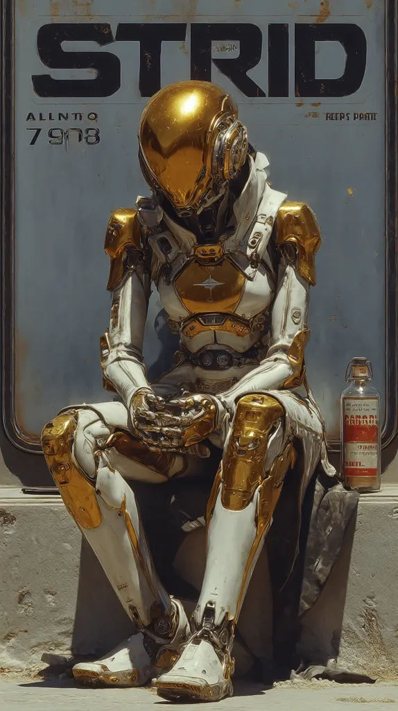 A gold and white humanoid robot sits wearily against a wall, its head bowed.  The robot, detailed with intricate metallic textures, has a worn appearance.  A small bottle rests beside it.  A weathered sign behind the robot reads "STRID," "ALLNTO 7908," and "REPS PARTE," suggesting a futuristic or dystopian setting. The overall mood is one of solitude and weariness.