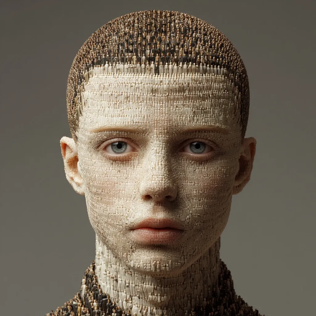 A close-up portrait reveals a person's face and upper body meticulously constructed from countless miniature figures.  The figures form a textured surface covering the entire visage and neck, creating a striking visual effect. The individual's expression is serene, their gaze directly forward, contrasting the intricate, almost unsettling detail of their composition. The background is a neutral, muted gray.