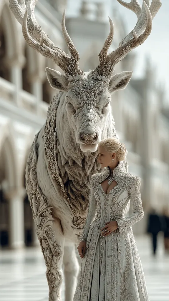 A blonde woman in an ornate, silver gown stands beside a majestic, white deer. The deer's antlers and body are intricately adorned with silver embellishments, resembling ornate carvings. The background suggests a grand, possibly European, architectural setting.  The scene evokes a fantasy or fairytale atmosphere, with the woman and deer appearing regal and ethereal.