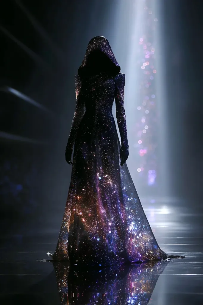A model on a runway wears a breathtaking hooded gown.  The long, flowing dress is adorned with shimmering embellishments, creating a mesmerizing galaxy-like pattern across the dark fabric.  The silhouette is dramatic, and the overall effect is ethereal and otherworldly, as if the cosmos itself is woven into the garment.  The stage lighting enhances the gown's celestial design.