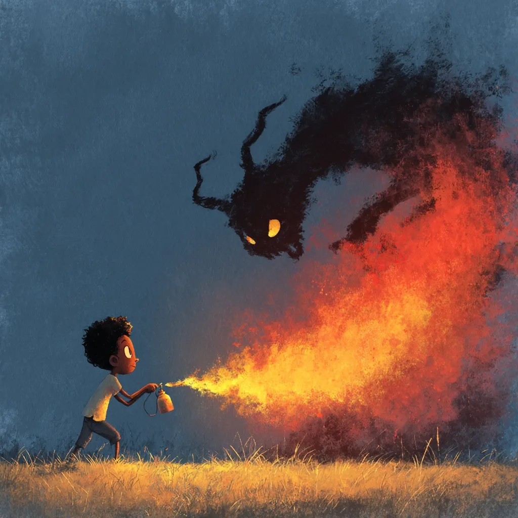 A small boy bravely confronts a large, shadowy monster engulfed in flames.  He holds a spray can, emitting a stream of fire towards the creature. The scene is painted in a stylized, almost whimsical manner, despite the ominous nature of the confrontation. The boy's small size against the massive monster highlights a struggle against fear or adversity.  The overall mood is one of courage and defiance.