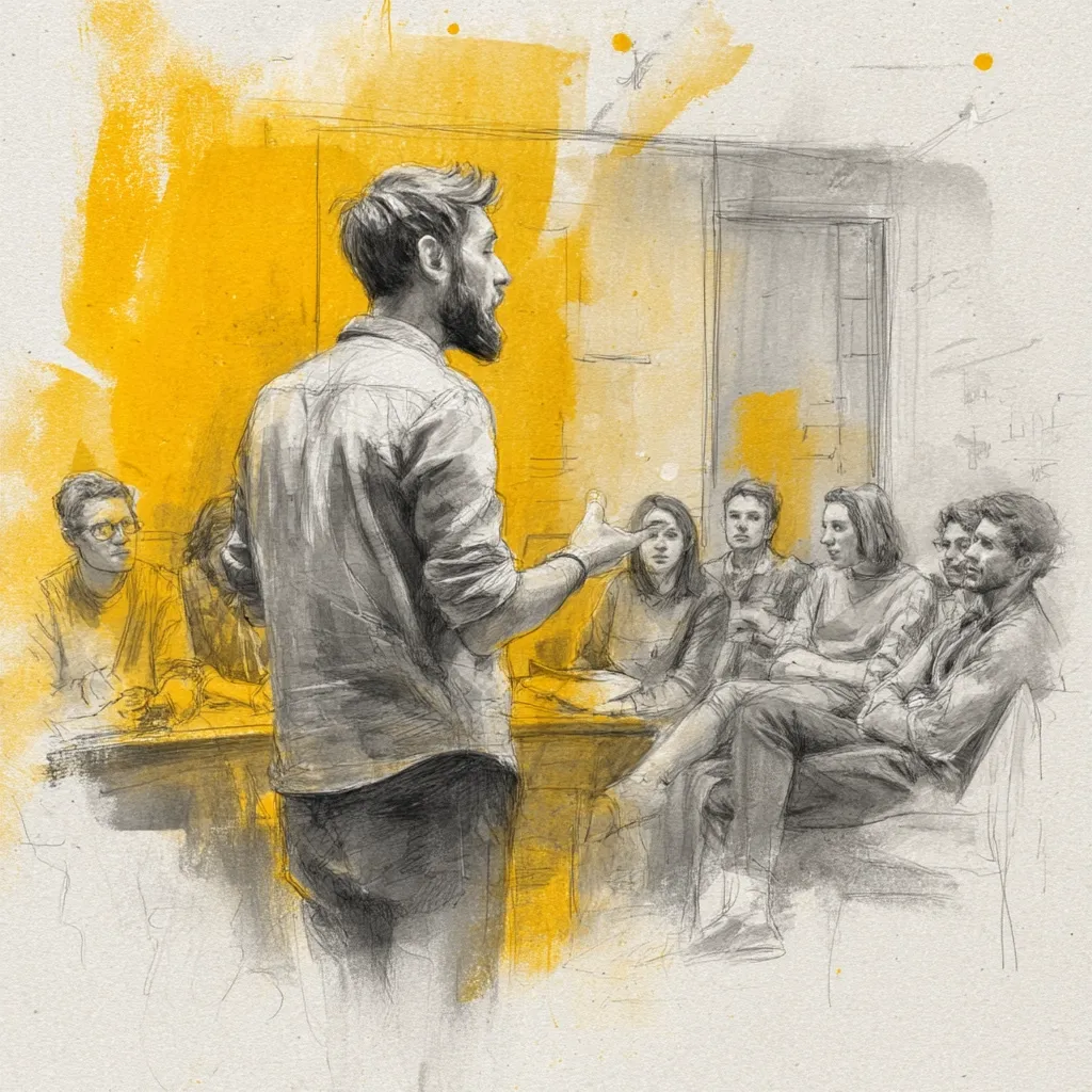 A sketch depicts a bearded man passionately addressing a small group seated around a table.  His animated gestures and engaged posture suggest a lively discussion or presentation. The audience, composed of both men and women, listen attentively. The style is a blend of pencil sketching and watercolor washes, with a prominent yellow background accentuating the central figure. The overall mood is one of focused interaction and collaborative exchange.