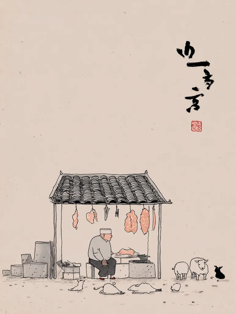 A minimalist illustration depicts a butcher sitting in his stall, surrounded by carcasses of sheep and poultry.  Meat hangs from the roof of the simple, open-sided structure.  Two sheep and a black cat stand nearby, creating a serene yet slightly melancholic scene.  The style is reminiscent of East Asian ink painting.  Chinese calligraphy is visible in the upper right corner.