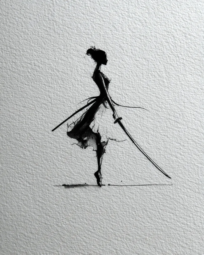A minimalist ink drawing depicts a ballerina-like figure, poised gracefully yet powerfully.  She holds a katana, its long blade extending across the composition.  The style is expressive and fluid, emphasizing movement and a blend of delicate femininity and fierce determination. The monochrome palette enhances the artwork's dramatic impact against the textured paper.