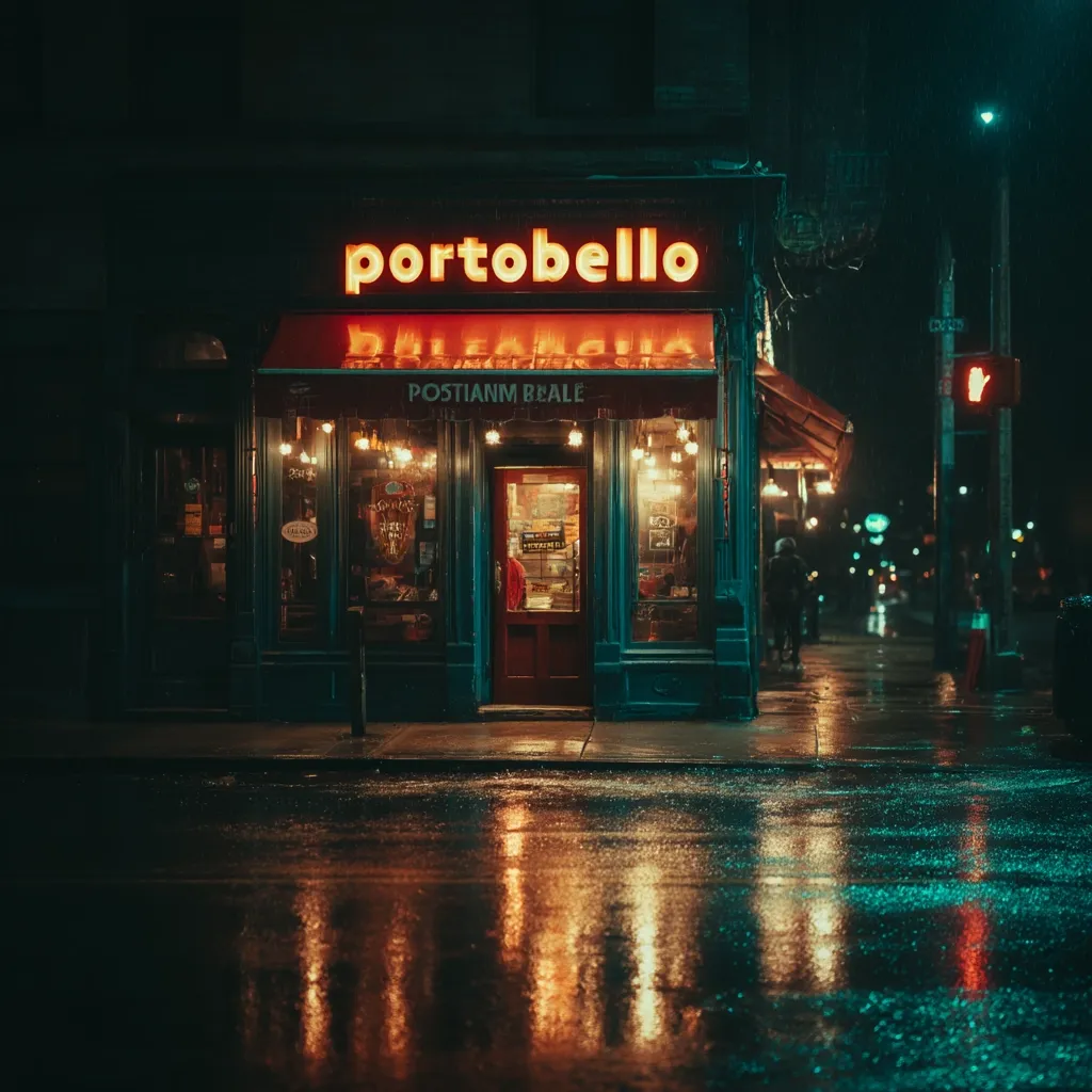 A nighttime shot of a Portobello restaurant on a rainy street.  The building is teal, illuminated by warm interior lights and a bright orange "Portobello" sign.  The wet street reflects the lights, creating a vibrant, atmospheric scene.  A few pedestrians are visible in the distance. The overall mood is moody and atmospheric.