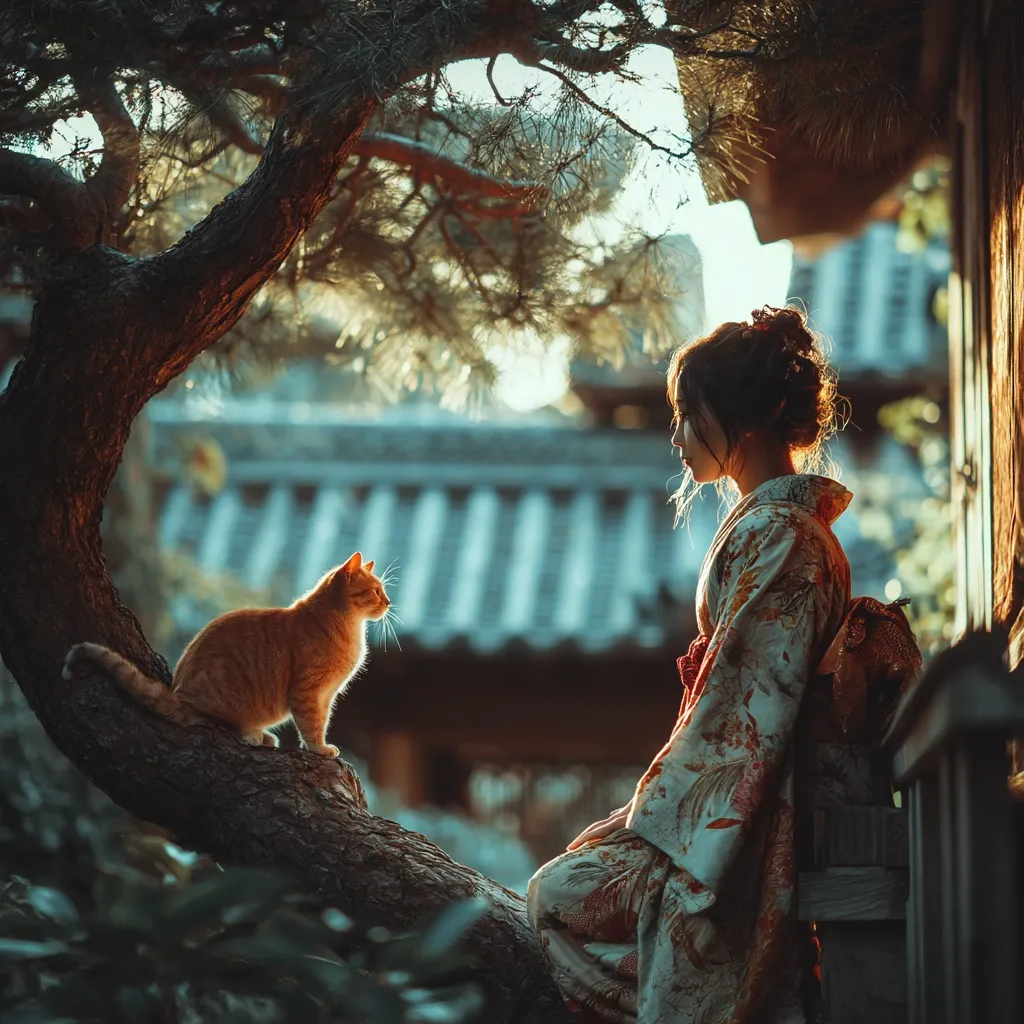 A serene image depicts a young woman in a traditional Japanese kimono seated on a tree branch.  A ginger cat sits calmly on the branch, facing her.  The backdrop is a sunlit Japanese garden with traditional architecture. The scene is peaceful and evokes a sense of tranquility and connection between the woman and the animal.  Warm, soft light bathes the scene.