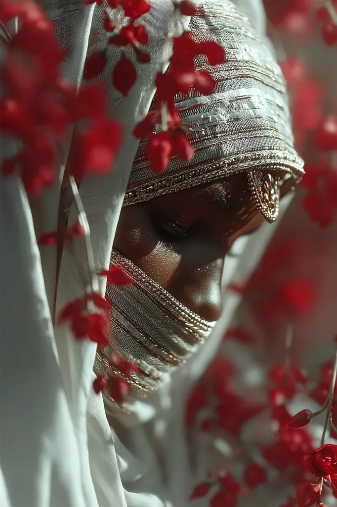 A close-up captures a woman's face partially veiled by a flowing white fabric adorned with intricate silver embellishments.  Her eyes are gently closed, conveying serenity.  The background is blurred but showcases vibrant red flowers, creating a striking contrast with the woman's attire and adding a mystical, almost dreamlike quality to the image. The overall mood is one of quiet beauty and mystery.