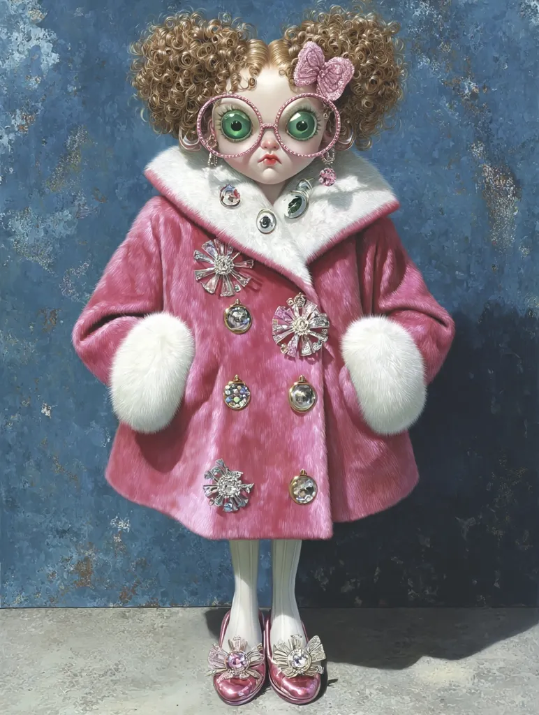 A stylized portrait of a young girl, rendered in a painterly fashion.  She's depicted wearing a vibrant pink fur coat adorned with numerous jeweled brooches, large round glasses with green lenses, and pink shoes with decorative embellishments. Her curly hair is styled with a pink bow, and her overall appearance is both whimsical and sophisticated. The background is a textured blue, contrasting with the girl's bright attire.