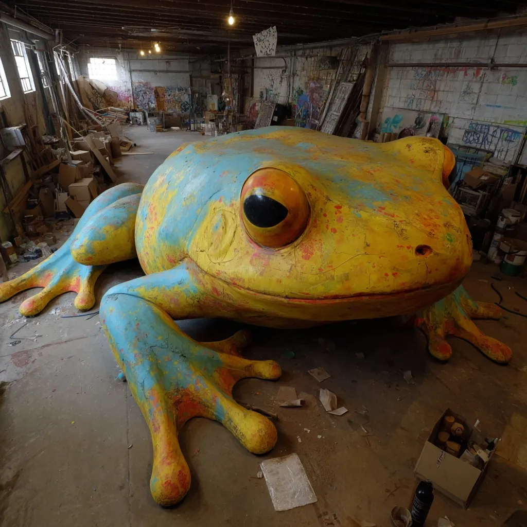 A large, brightly colored frog sculpture dominates a cluttered workshop.  Painted in shades of yellow, teal, and orange, the frog appears to be made of a textured material, possibly plaster or resin.  The workshop's background shows stacked boxes, tools, and graffiti-covered walls, suggesting an artist's studio or storage space. The frog's size is emphasized by its placement within the cramped environment.