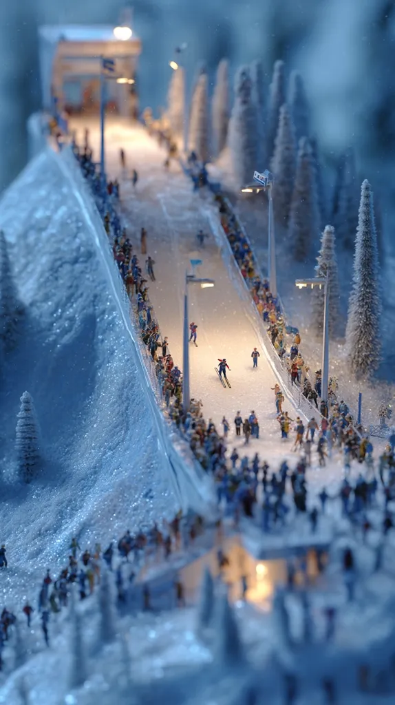 A meticulously detailed miniature ski jump scene is depicted.  Tiny skiers navigate the snowy slope under illuminated lampposts, while miniature spectators line the sides, creating a vibrant atmosphere.  The snowy landscape, complete with miniature evergreen trees, is beautifully rendered, offering a captivating winter wonderland tableau.  The scene is lit to highlight the action and create a sense of depth and scale.